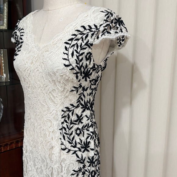 Adrianna Papell White Lace black embroidered sides Midi sheath Dress  V neck 6 - Picture 8 of 16